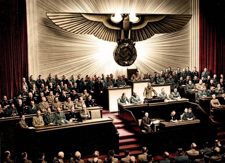 Adolf Hitler (standing, center) declares war on the United States at the Reichstag in Berlin, Germany on December 11, 1941..jpg