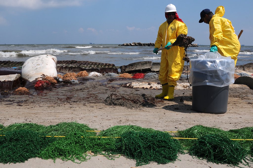 HSE_workers_clean_up_Port_Fourchon_beach_2010-05-23.JPG