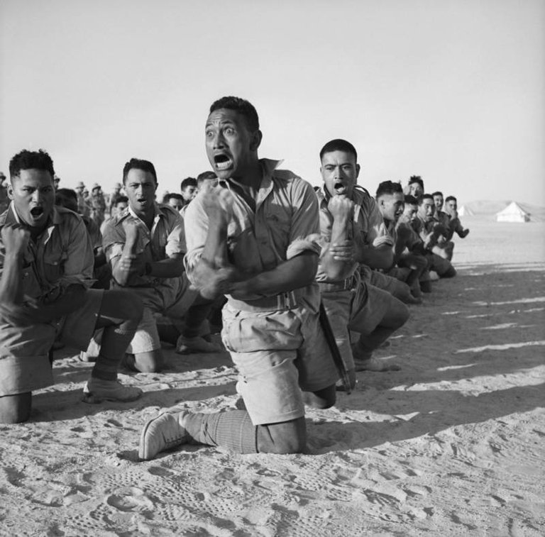 Māori soldiers from New Zealand perform a traditional war cry known as a haka in Helwan, Egypt, June 1941..jpg