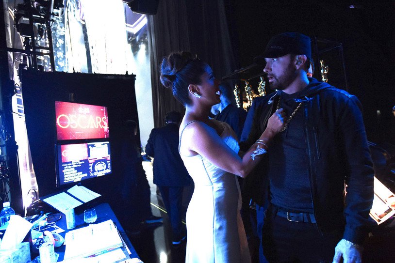 Salma Hayek Pinault and Eminem chat backstage at the 2020 Oscars..jpg