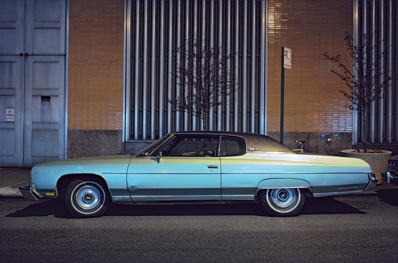 Silver Fish, Chevrolet Impala Custom Coupe, in front of Con Edison substation, 1975..jpg
