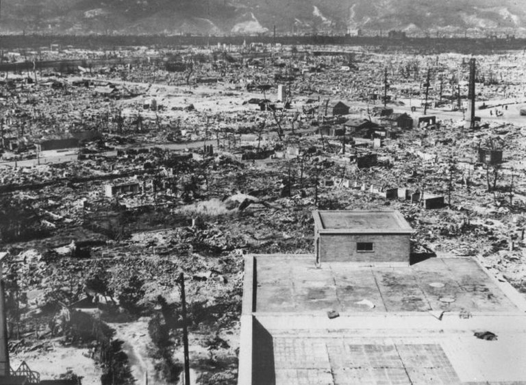 The devastated remains of Hiroshima, Japan just days after U.S. forces dropped an atomic bomb on the city, killing upwards of 140,000, on August 6, 1945..jpg